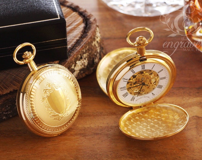 Mount Royal Double Hunter Skeleton Gold Pocket Watch - Personalized Pocket Watch
