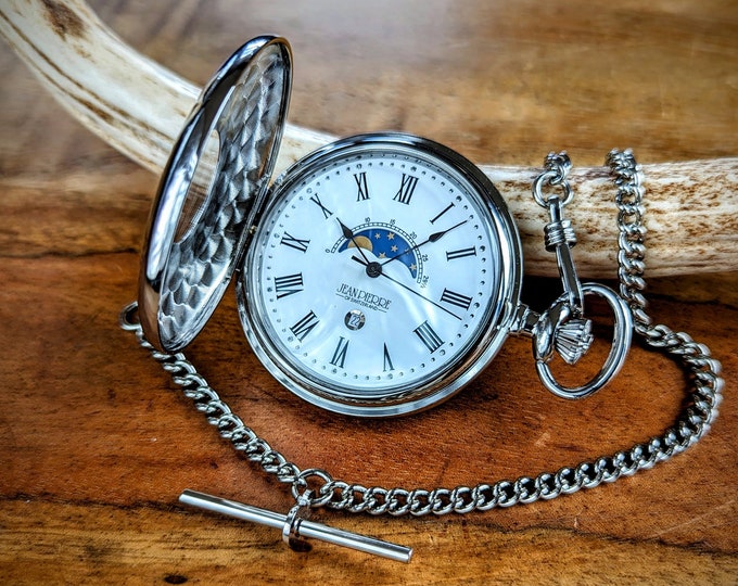 Silver Jean Pierre Pocket Watch with Sun and Moon Display, Personalized Quartz Battery Powered Pocket Watch