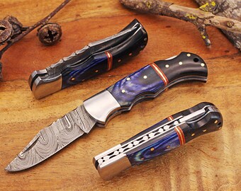 Engraved Damascus Pocket Knife with Leather Sheath and Black and Blue Wood Handle, Personalized Damascus Folding Knife for Him