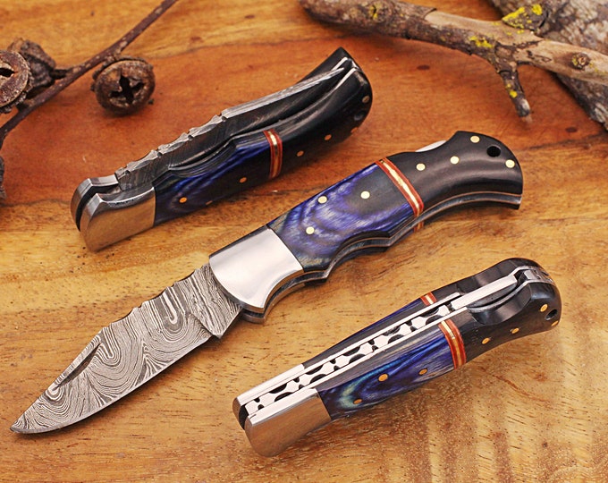 New Engraved Damascus Pocket Knife with Leather Sheath and Black and Blue Wood Handle, Personalized Damascus Folding Knife for Him