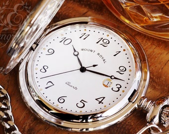 Mount Royal Silver Pocket Watch: Engraved Quartz Calendar Watch