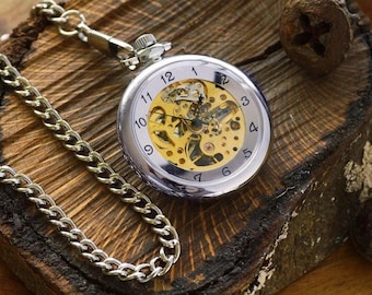 Personalized Engraved Mechanical Pocket Watch: Silver Groomsmen Gift