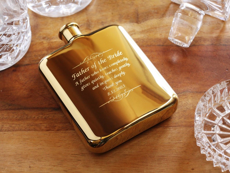 Yellow Gold Personalized Flask Engraved Yellow Gold Flask Personalized Groomsman or Bridesmaid Flask Best Man Engraved Flask image 1