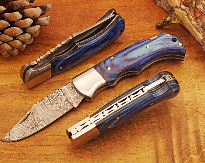 New Engraved Damascus Pocket Knife with Leather Sheath and Blue Wood Handle, Silver Bolster Engraved Damascus Folding Knife