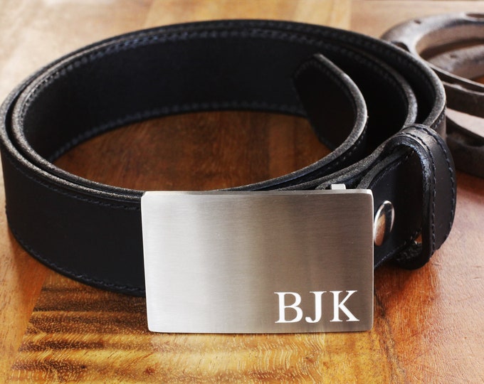 Leather Belt with Engraved Steel Belt Buckle, Personalized Silver Belt Buckle USA Amish Made Full Grain Leather Belt Birthday Gift for Him