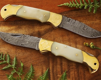 Mis-Engraved Large Damascus Pocket Knife with Bone Handle