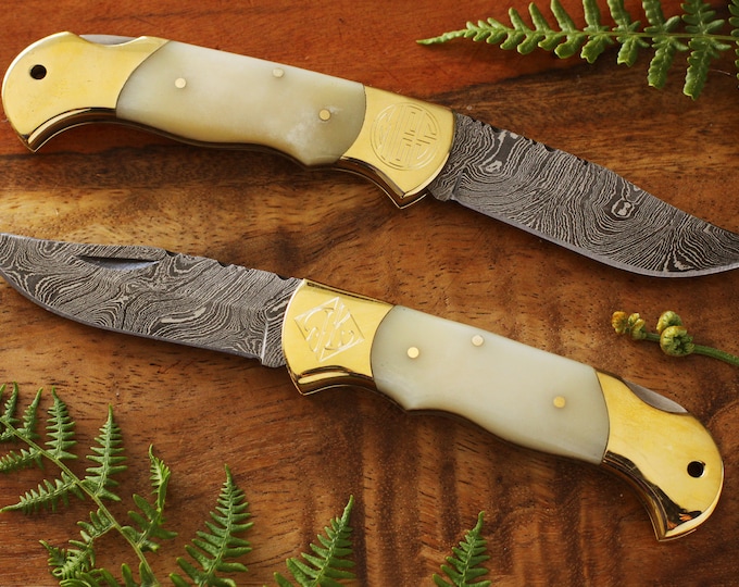 Mis-Engraved Large Damascus Pocket Knife with Bone Handle