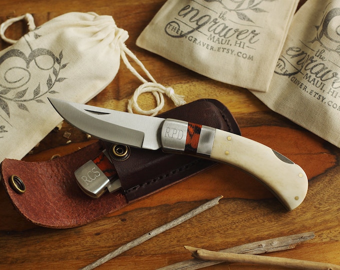 Groomsmen White Bone Handle Knife with Smooth Leather Sheath, Personalized Groomsmen Knives