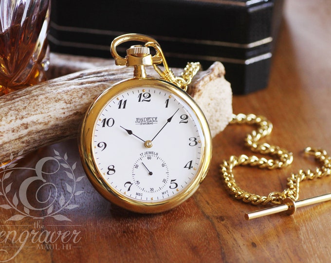 Jean Pierre® of Switzerland Mechanical Open Face Gold Pocket Watch, Personalized Pocket Watch
