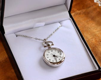 Silver Round Watch Necklace: Minimalist Engraved Pendant, 27 Inch Chain