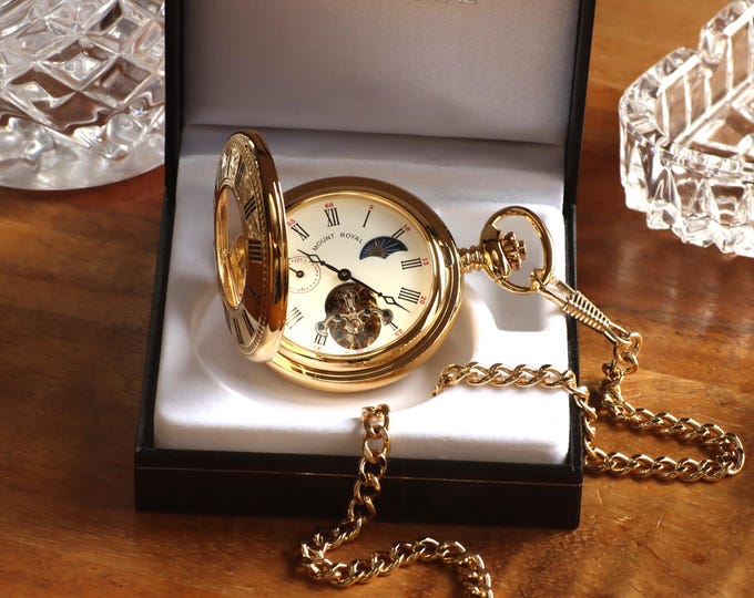Mechanical Sun & Moon Pocket Watch: Gold Half Hunter, Personalized