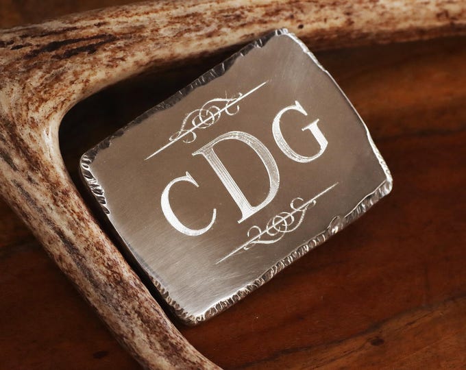 Engraved Silver Jagged Edge Belt Buckle, Personalized Belt Buckle, Groomsman Belt Buckle, Solid Steel Belt Buckle For Him
