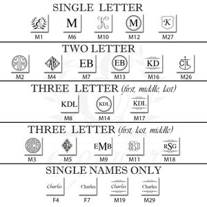 May include: A black and white graphic featuring various monogram designs. The image displays single, two, and three-letter monograms, along with single-name options. The designs are presented in different fonts and styles, suitable for personalization.