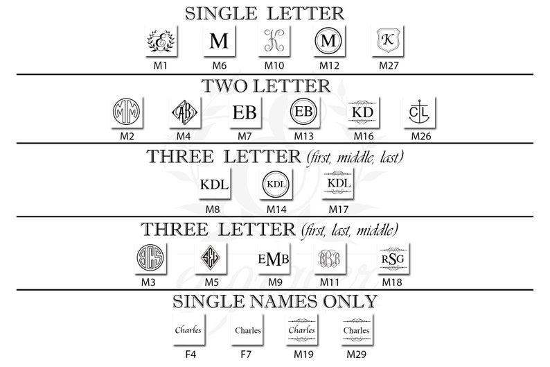 May include: A black and white graphic featuring various monogram designs. The image displays single, two, and three-letter monograms, along with single-name options. The designs are presented in different fonts and styles, suitable for personalization.
