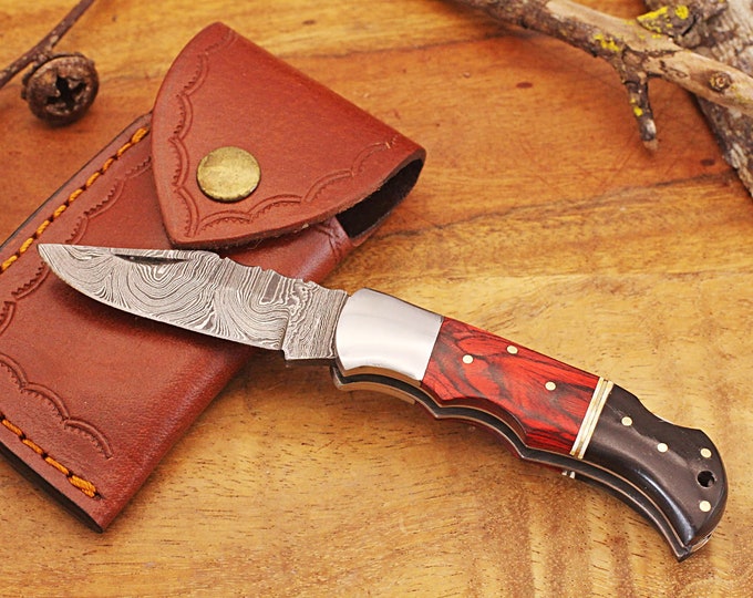 Damascus Pocket Knife with Leather Sheath: Black and Red Wood Handle