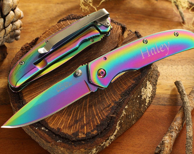 Holographic Clip Knife, Personalized Holo Knife, Engraved Rainbow Knife