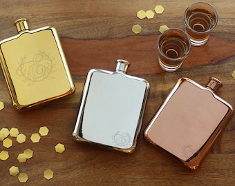 Set of 3 Engraved Flasks: Polished Stainless Steel, Gold, Copper, Chrome Plating