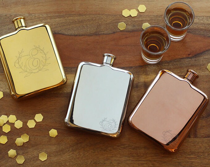 Set of 3 Engraved Flasks: Polished Stainless Steel, Gold, Copper, Chrome Plating