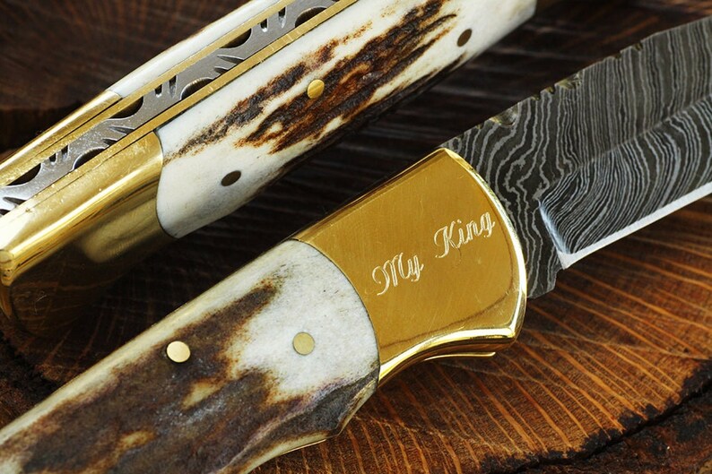 Damascus Pocket Knife Engraved Bone Handle Damascus Knife Etsy