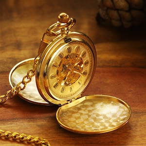 Engraved Gold Mechanical Pocket Watch, Personalized Groomsmen Gifts - Engraved Wedding Date -Anniversary Gift For Men