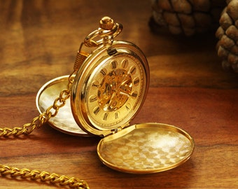 Engraved Gold Mechanical Pocket Watch, Personalized Groomsmen Gifts - Engraved Wedding Date -Anniversary Gift For Men