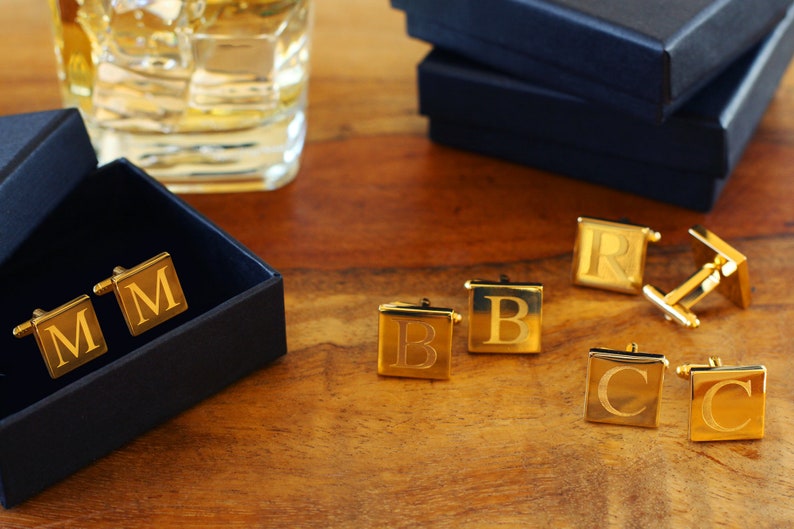 Engraved Gold Cufflinks Personalized Groomsmen Cufflinks Square Monogramed Cufflinks image 4