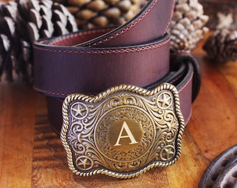 Personalized Brass Finish Cowboy Belt Buckle with Amish Made Leather Belt