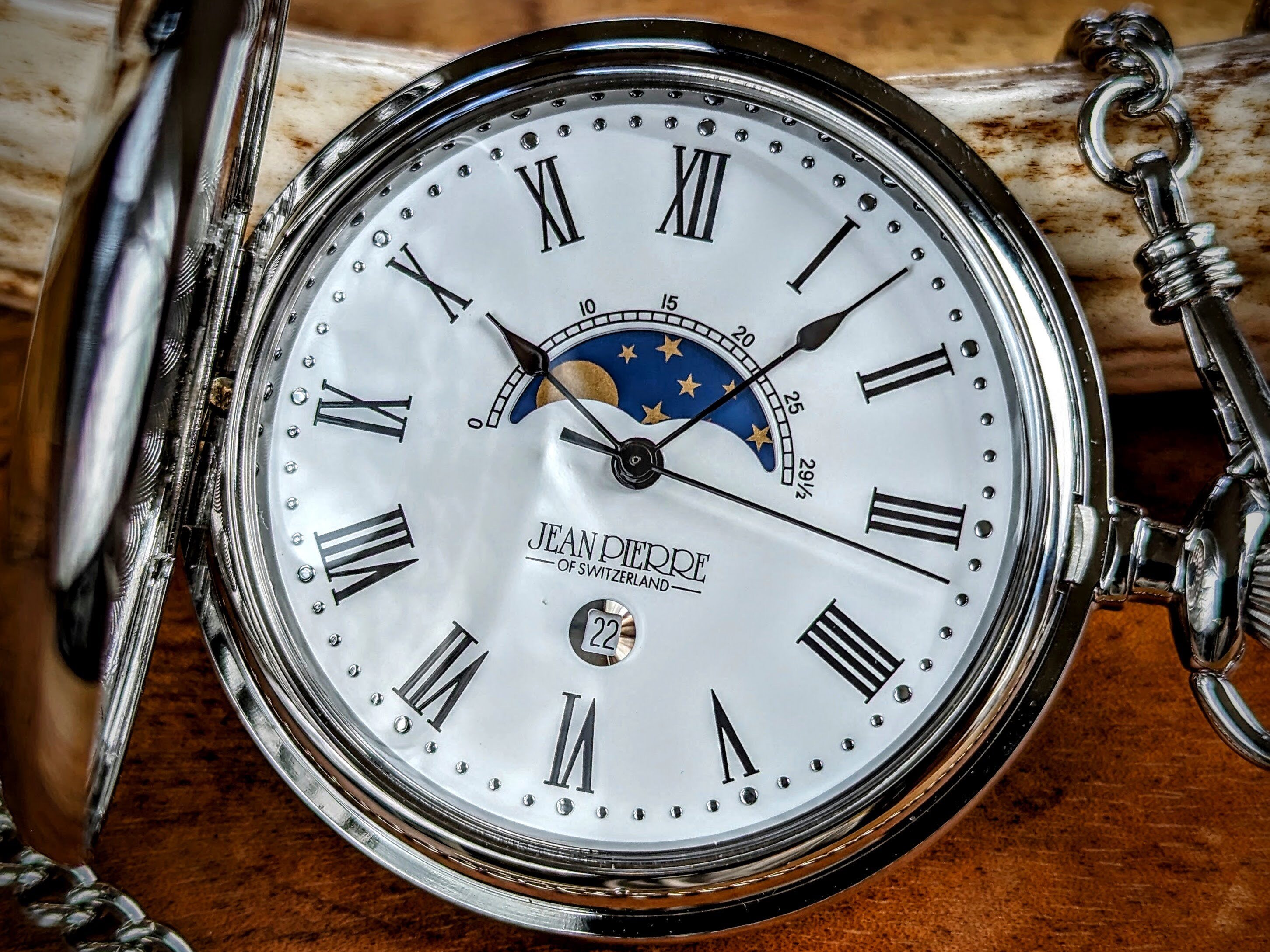 Jean Pierre Silver Pocket Watch with Sun and Moon Display Personalized Quartz Battery Powered Pocket Watch
