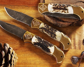 Mis-Engraved Large Damascus Pocket Knife with Stag Horn Handle