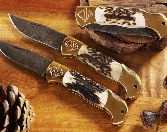 Mis-Engraved Large Damascus Pocket Knife with Stag Horn Handle