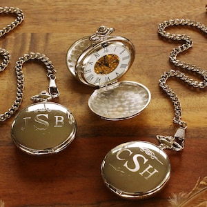 Engraved Double Hunter Silver Mechanical Pocket Watch, Personalized Groomsmen Gifts, Engraved Wedding Date, Anniversary Gift For Men