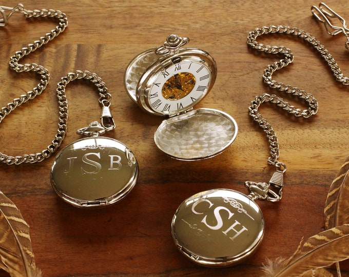 Engraved Double Hunter Silver Mechanical Pocket Watch, Personalized Groomsmen Gifts, Engraved Wedding Date, Anniversary Gift For Men