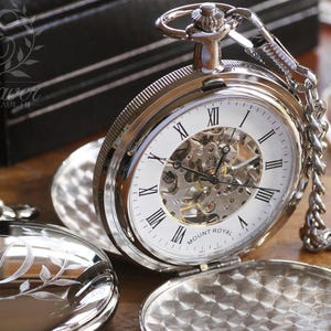 Mount Royal Double Hunter Skeleton Pocket Watch, Personalized Pocket Watch