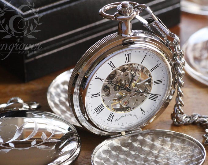 Mount Royal Double Hunter Skeleton Pocket Watch, Personalized Pocket Watch