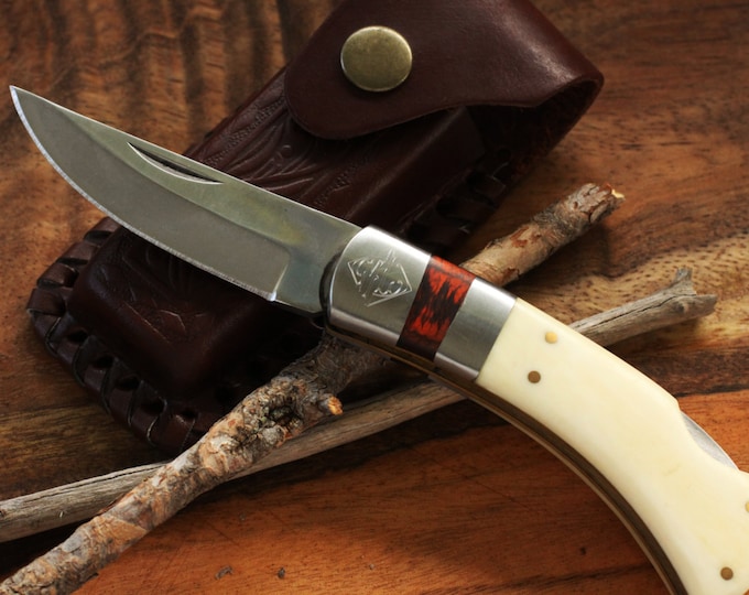 Engraved White Bone Pocket Knife with Imprinted Leather Sheath