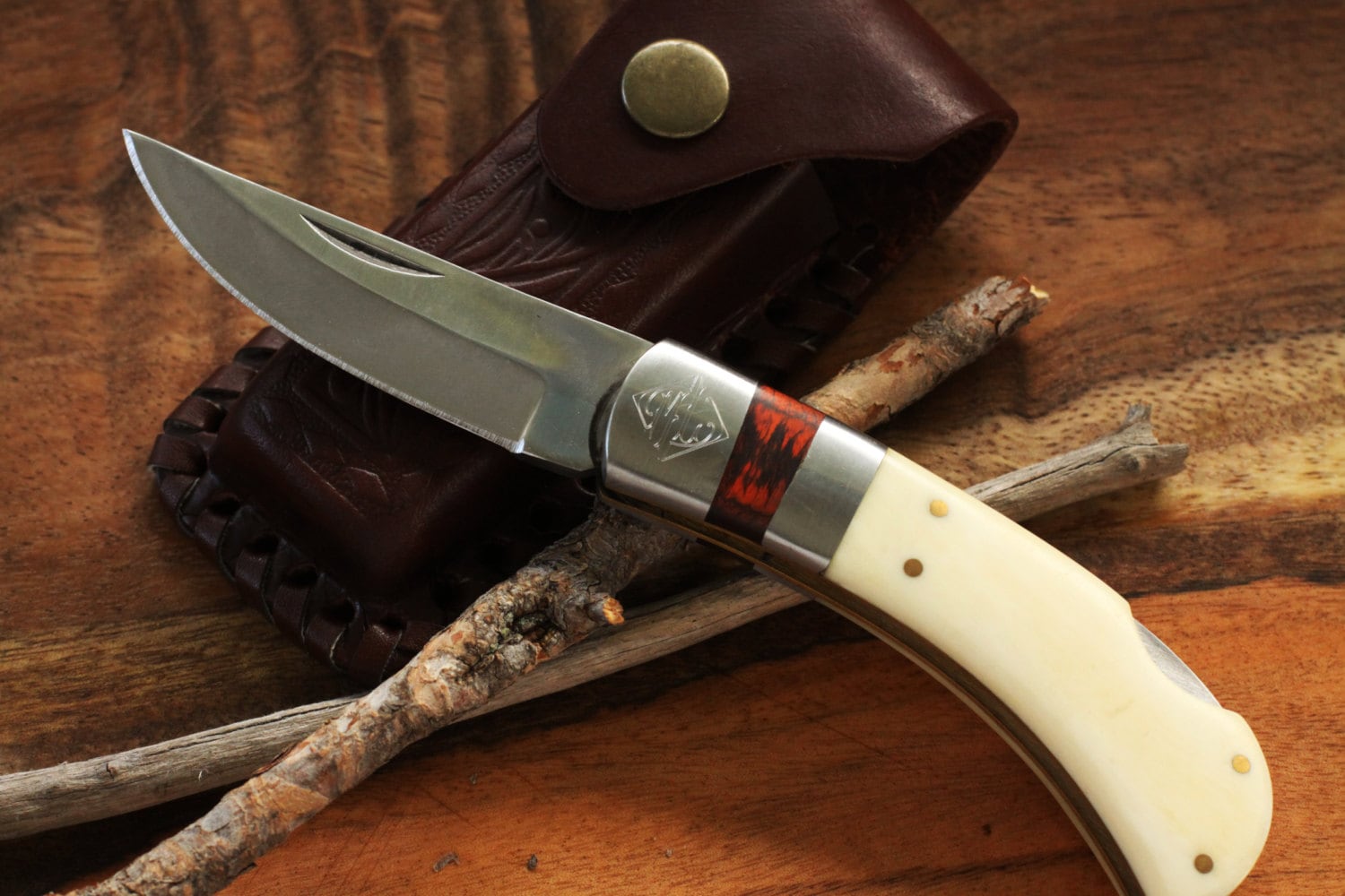 Engraved White Bone Pocket Knife with Imprinted Leather Sheath Personalized Knife Custom