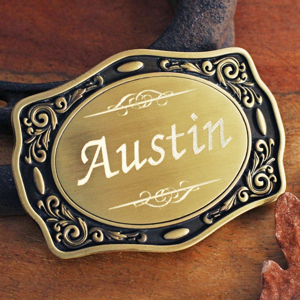 Made in USA Engraved NAME Brass Finish Belt Buckle - Personalized Belt Buckle - Gold Cowboy Belt Buckle