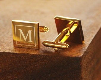 Engraved Gold Cufflinks - Personalized Groomsmen Cufflinks - Square Monogramed Cufflinks