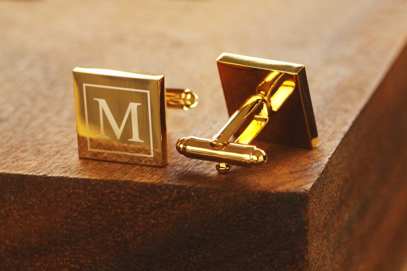 Engraved Gold Cufflinks Personalized Groomsmen Cufflinks Square Monogramed Cufflinks image 1