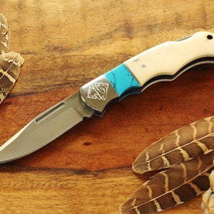 White Bone Lock Back Knife with Faux Turquoise, Minimalist Gift for Her
