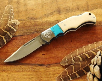 White Bone Lock Back Knife with Faux Turquoise, Minimalist Gift for Her