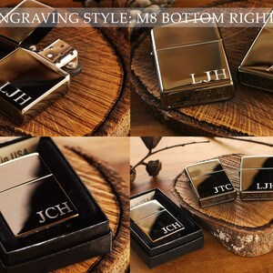 May include: A collection of personalized, shiny metal lighters, some in their original boxes. Each lighter is engraved with initials, such as "LJH" and "JCH". The text "ENGRAVING STYLE: M8 BOTTOM RIGHT" is visible at the top of the image.