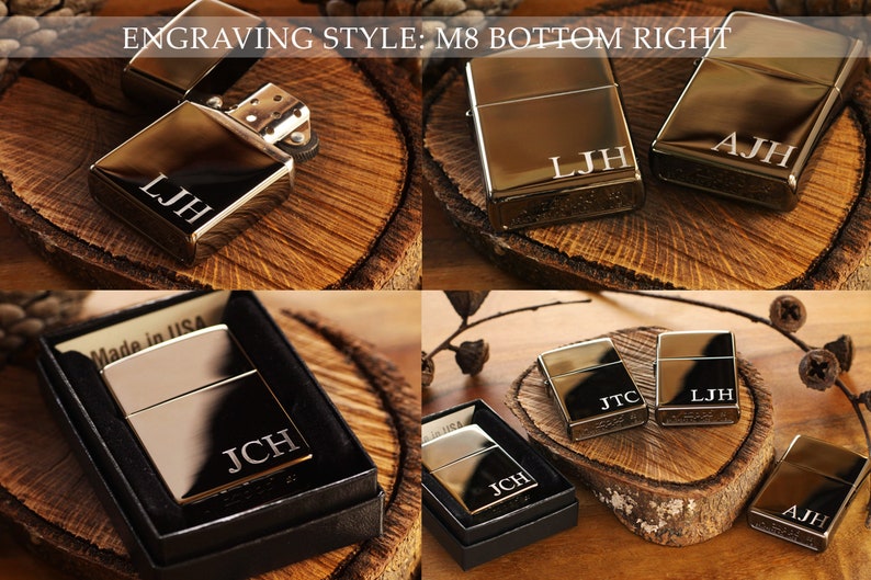 May include: A collection of personalized, shiny metal lighters, some in their original boxes. Each lighter is engraved with initials, such as "LJH" and "JCH". The text "ENGRAVING STYLE: M8 BOTTOM RIGHT" is visible at the top of the image.