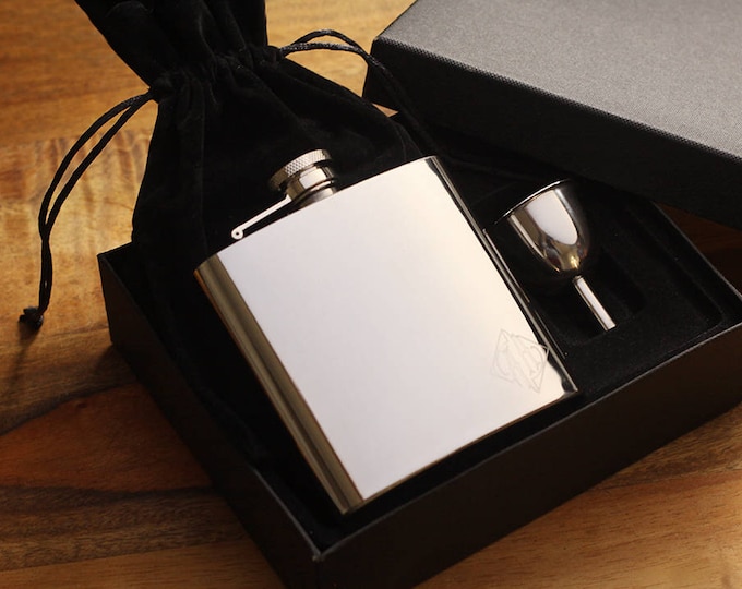 Silver Flask with Gift Box and Funnel, Groomsman Classic Personalized Flask, Groomsmen Custom Monogram Flask, Gifts for the Groom