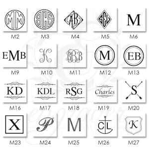 May include: A collection of black and white monogram designs, each within a square. The designs include initials in various fonts, circles, diamonds, and shields. Some designs feature arrows, laurel wreaths, and anchors.