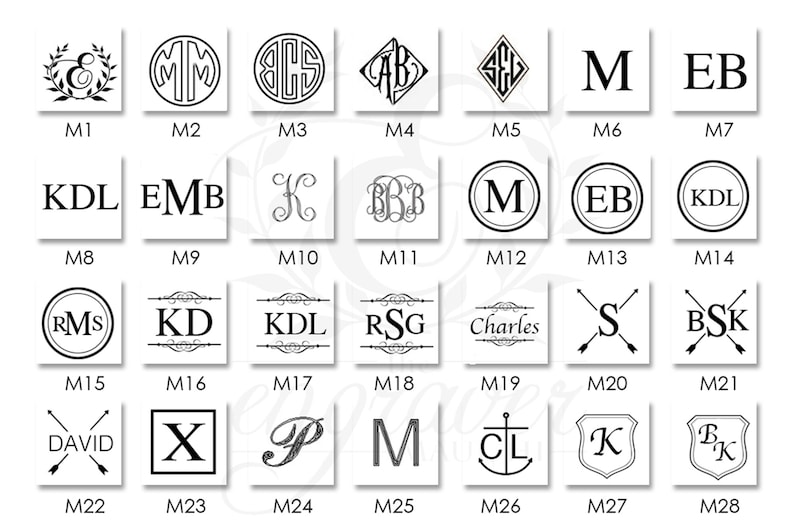 May include: A collection of black and white monogram designs, each within a square. The designs include initials in various fonts, circles, diamonds, and shields. Some designs feature arrows, laurel wreaths, and anchors.