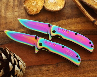 Holographic Pocket Knife, Personalized Small Clip Knife Gift for Her, Engraved Rainbow Color Gift for Him, Minimalist Gift