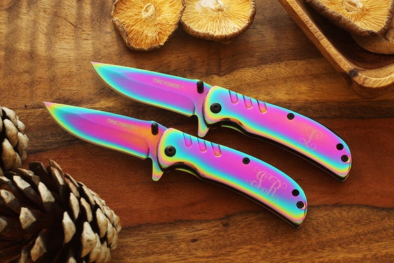 Holographic Pocket Knife, Personalized Small Clip Knife Gift for Her,  Engraved Rainbow Color Gift for Him, Minimalist Gift 