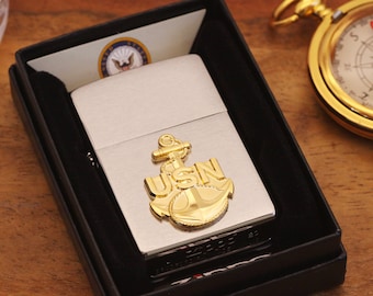 Official US Navy Zippo Lighter: Engraved Chrome, Gift Box
