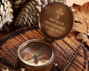Faith Bronze Personalized Compass with Leather Pouch- Engraved Compass